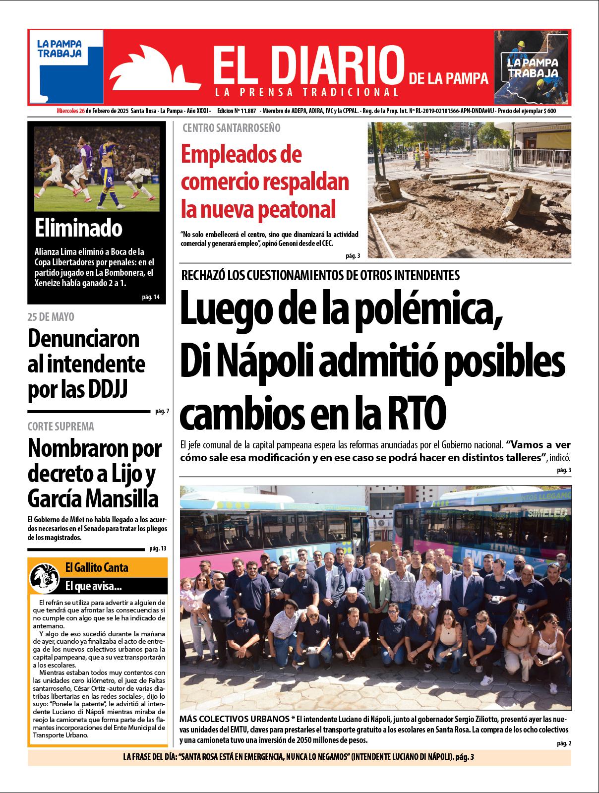 Tapa de El Diario en papel  mieacutercoles 26 de febrero de 2025